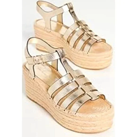 Tory Burch Espadrille Wedge Sandals Spark Gold Metallic Leather New Size 5.5 - Picture 1 of 16